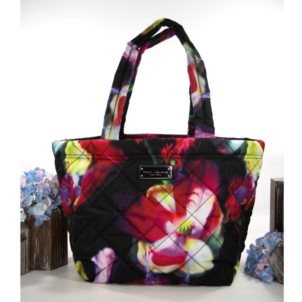 Marc Jacobs Pretty Nylon Quilted Large Black Floral Tote Shoulder Bag NWT
